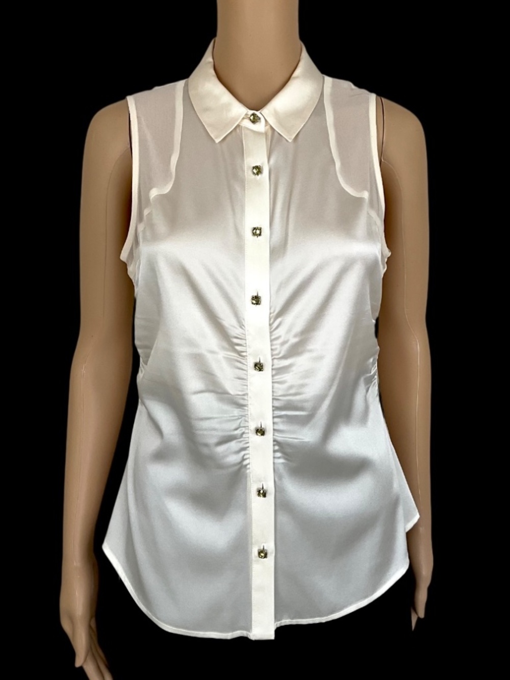 NWT Cache Ivory Silk Stretch Sleeveless Top Button Front Size M